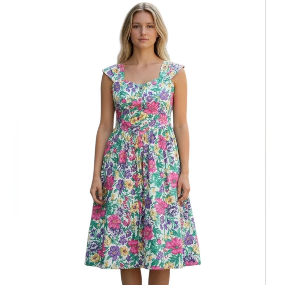 Vintage Floral Cotton Fit & Flare Midi Dress Cottagecore Botanical Romantic 12P